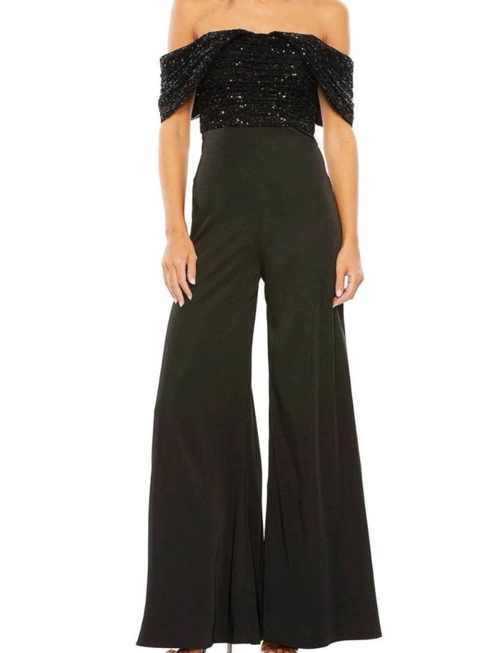 Mac Duggal Size 6 Black 11667 sequin Off Shoulder Jumpsuit Cocktail Party